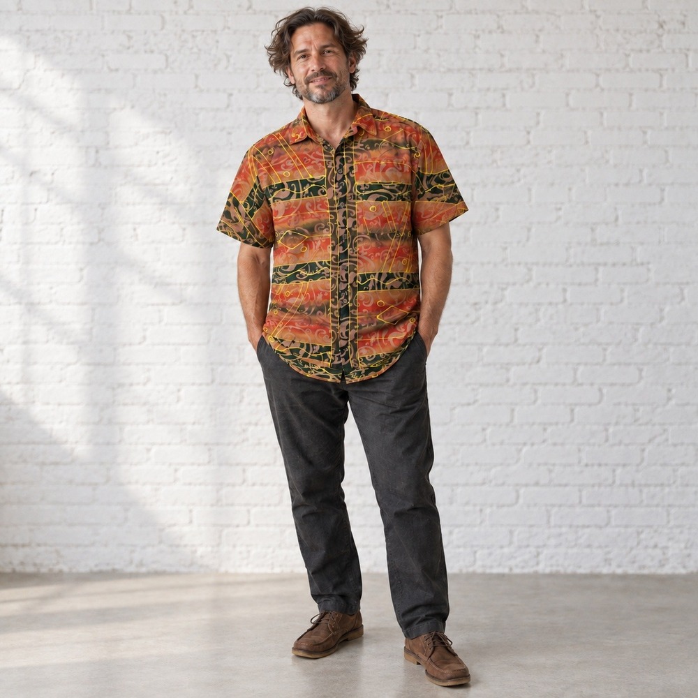 The Territory Ahead Shirt Mens L Orange Short Sleeve Abstract Batik Rayon Aztec